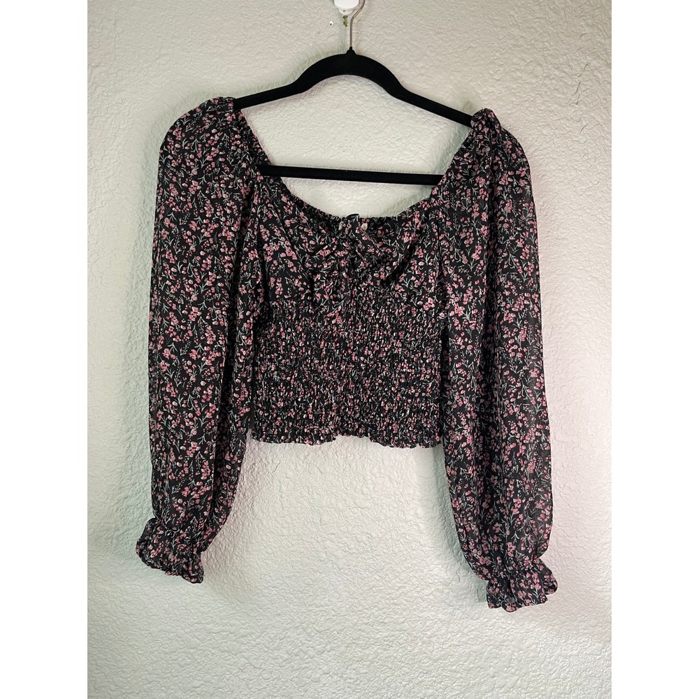 Pofrills Floral Crop Top Smocked Square‎ Neck Long Sleeve Blouse XS